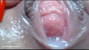 Asian hairy wet pussy wide spread in close up