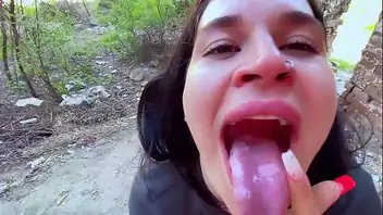 Sucking in public outdoors near people and getting hot sticky cum in 